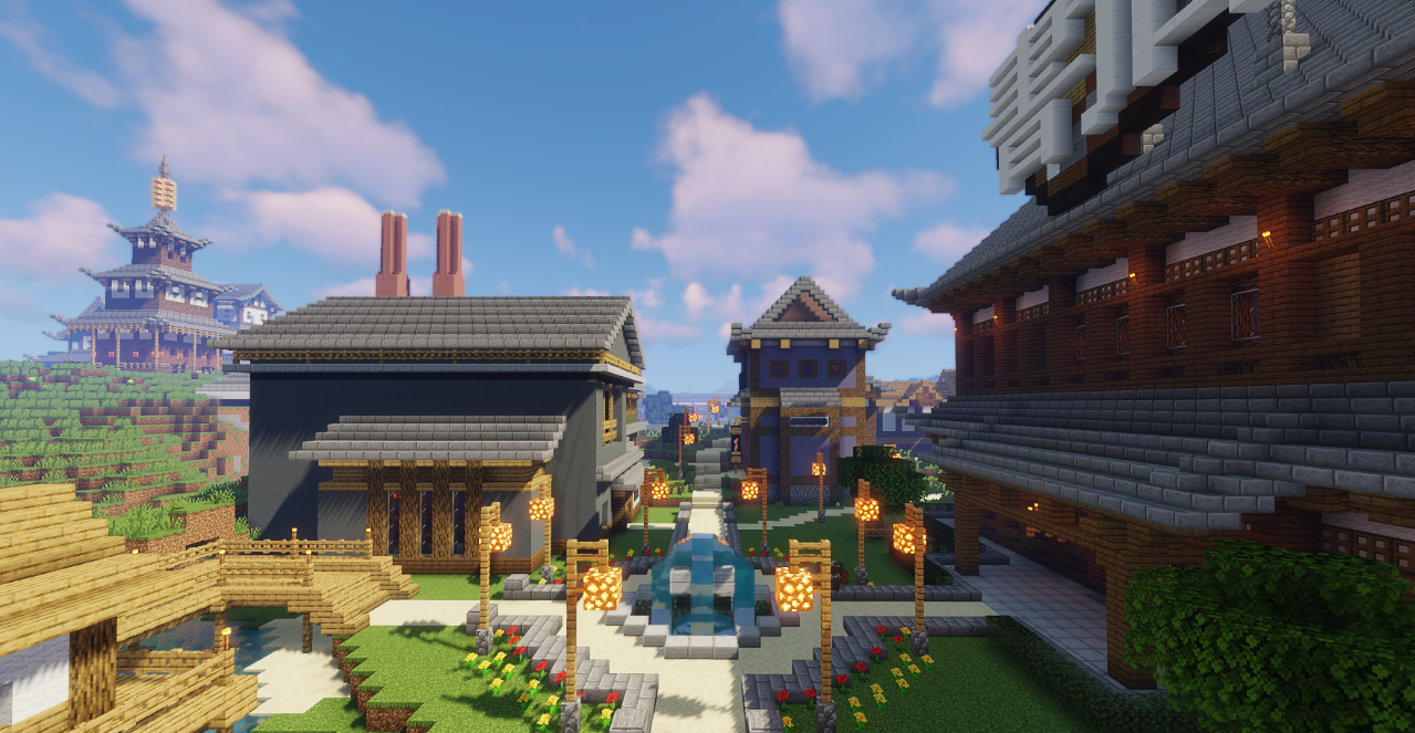 Панорама Хару Ива в Minecraft с видом на храм и горы
