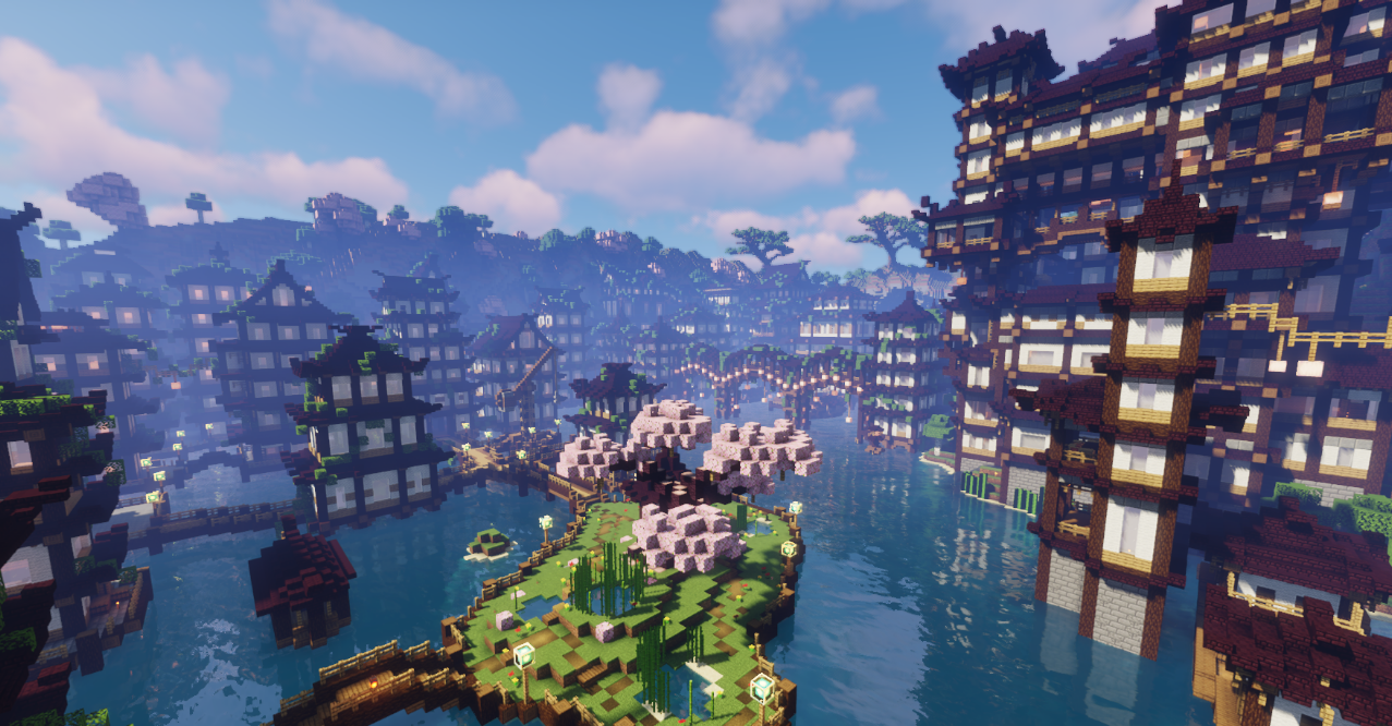 Детализированные японские постройки в Minecraft с садами и водопадами