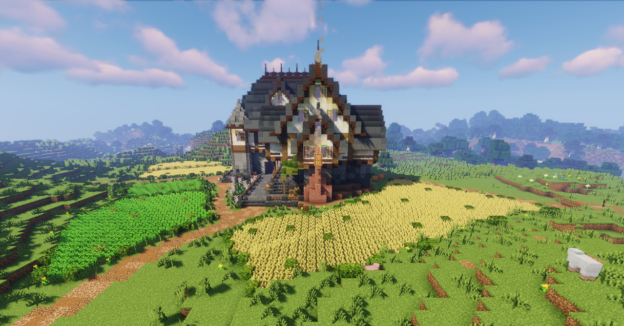 Внутренний двор фермы в Minecraft с колодцем и деревянными постройками
