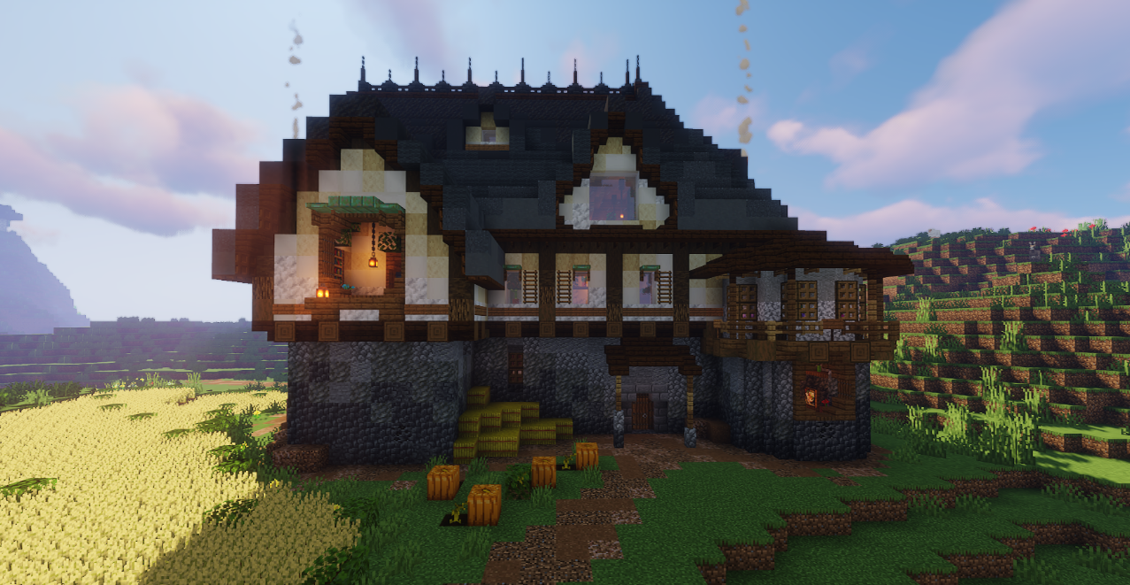 Ночной вид на средневековую ферму в Minecraft с освещением факелами
