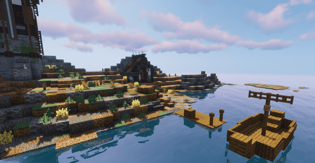 Побережье острова в Minecraft с лодками и видом на маяк
