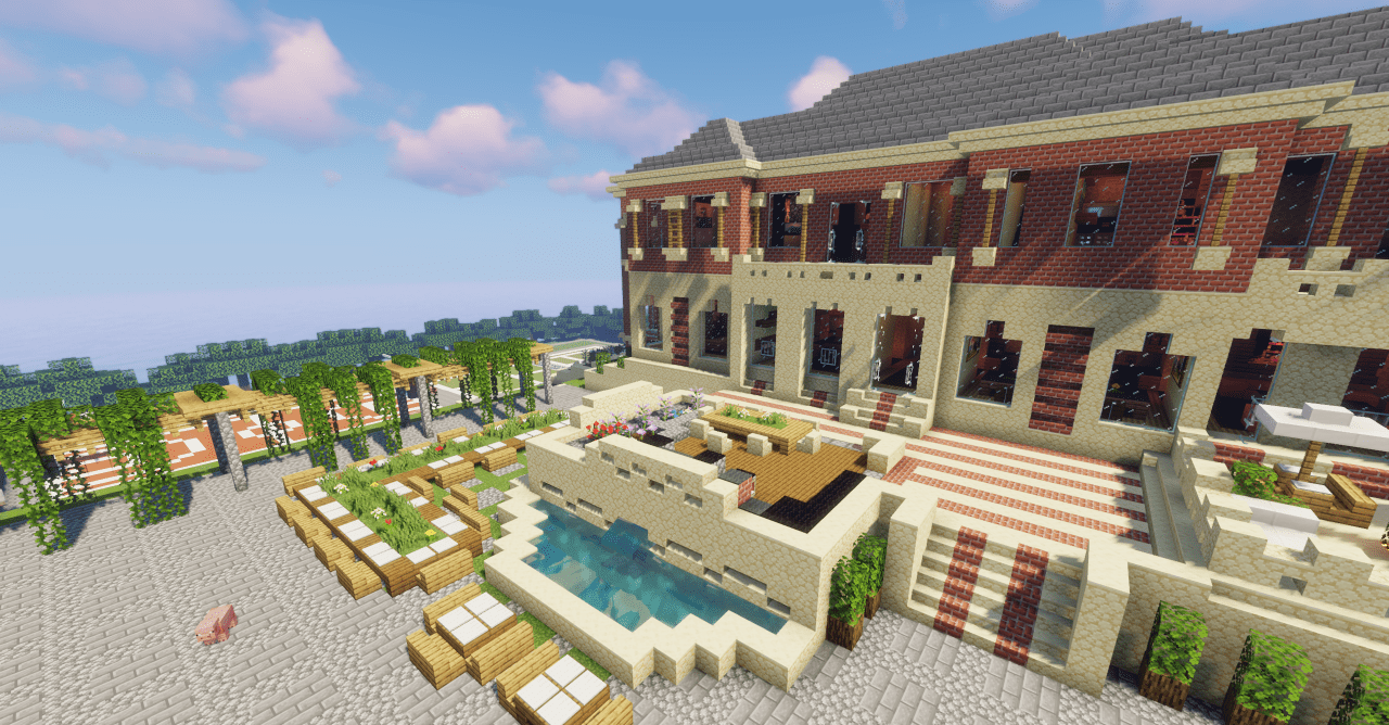 Интерьер Luxury Brick Mansion в Minecraft с камином, мебелью и декоративными элементами