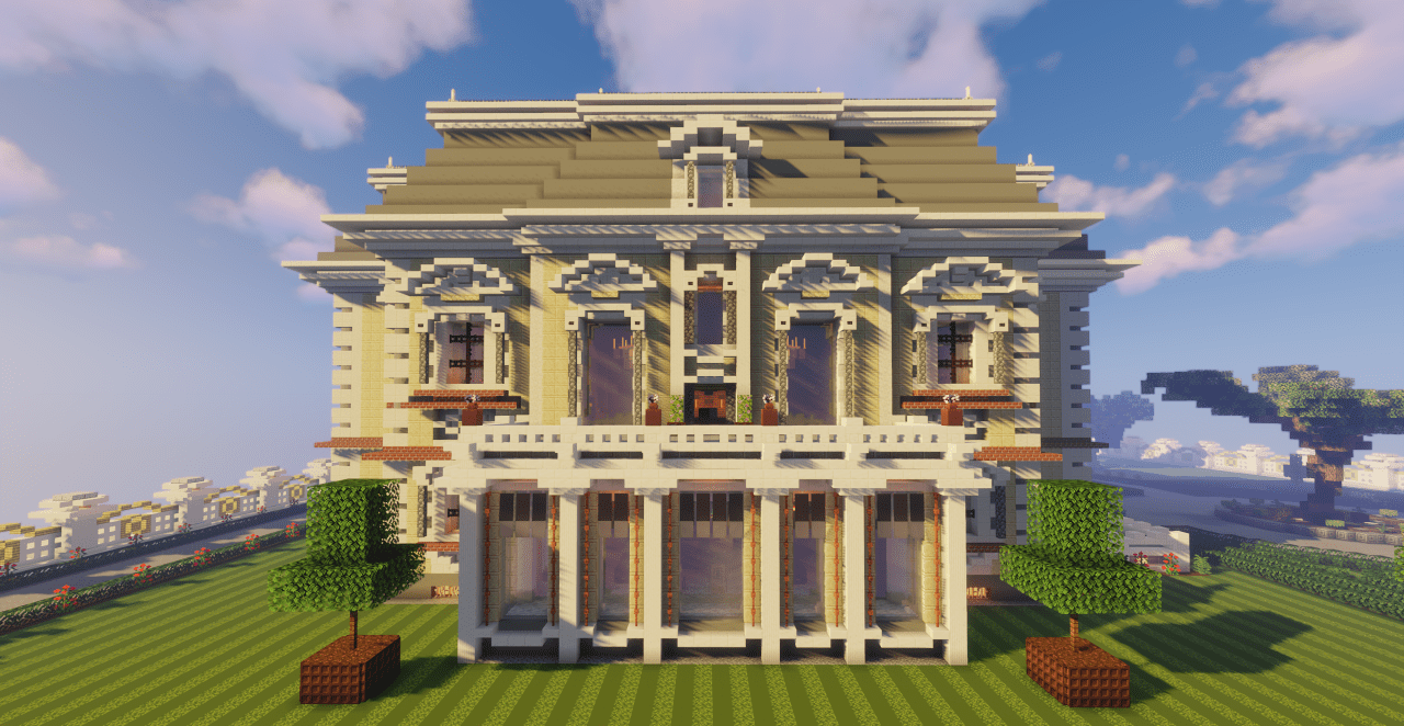 Ночной вид на Master Mansion в Minecraft с подсветкой фасада