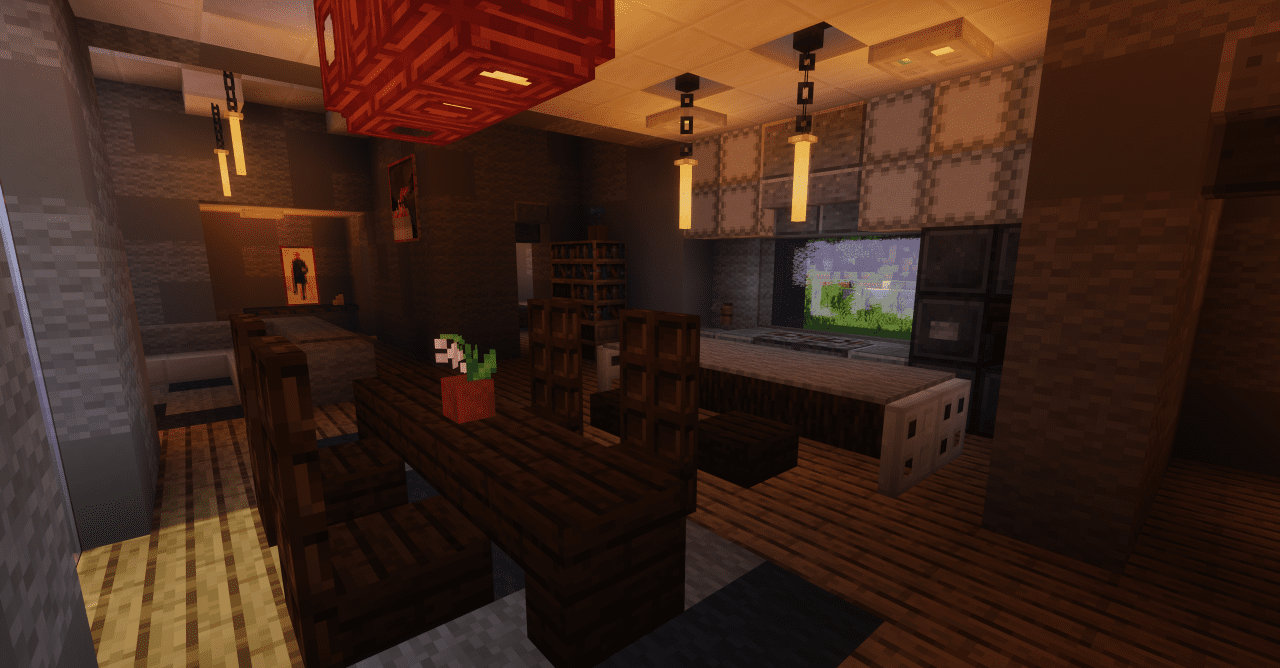 Вид на террасу дома в Minecraft с выходом к озеру и окружающей природой