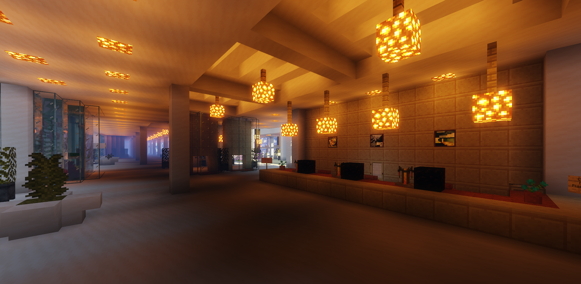 Вид на бассейн в Minecraft Hotel с шезлонгами, пальмами и прозрачной водой
