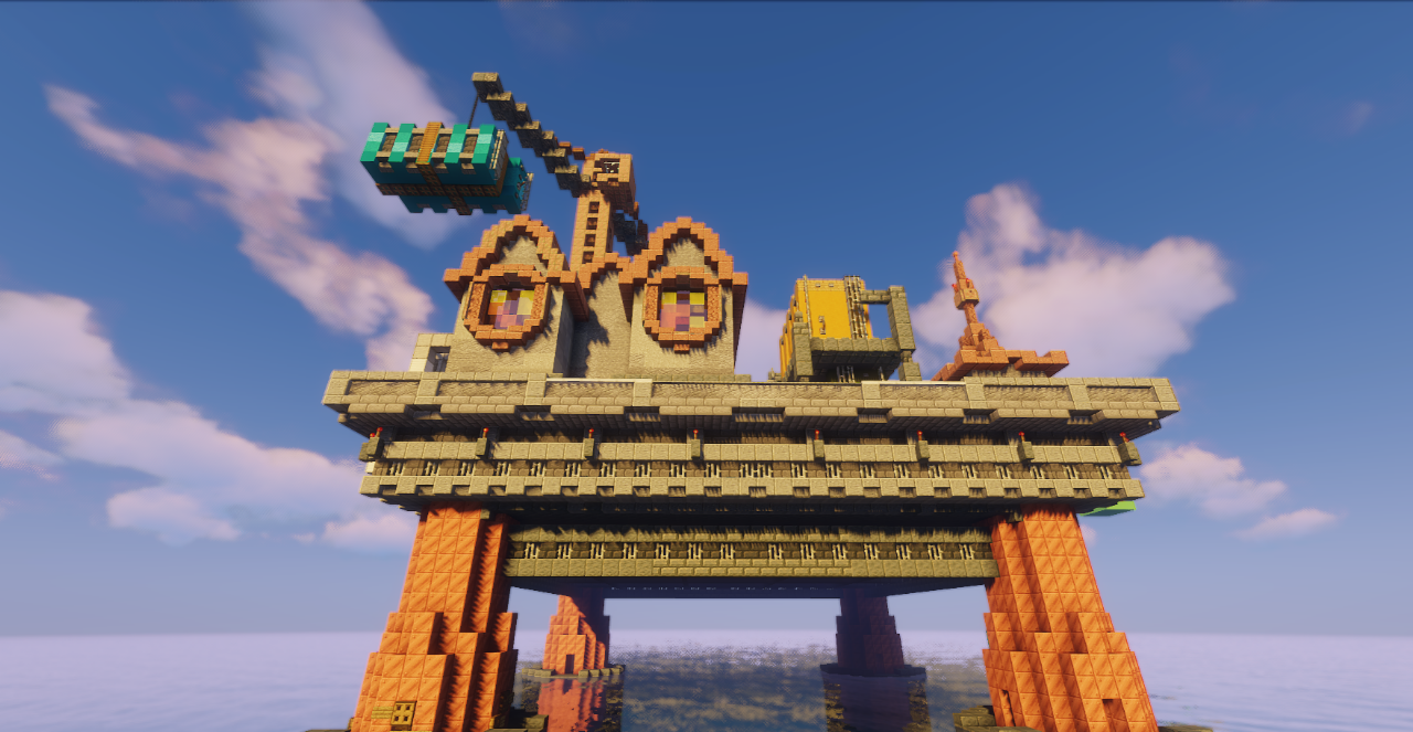 Ночной вид нефтяной вышки в Minecraft с подсветкой и океаном