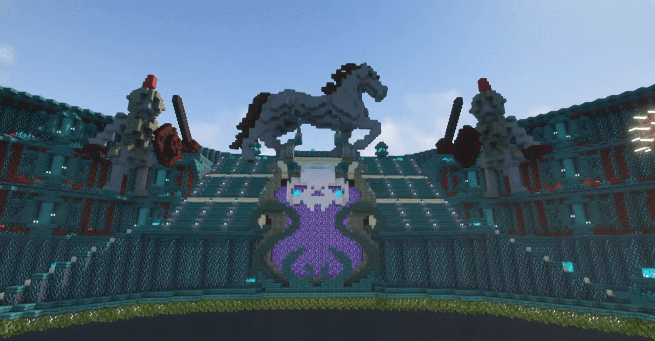 Игроки сражаются на PvP арене в Minecraft с мечами и луками