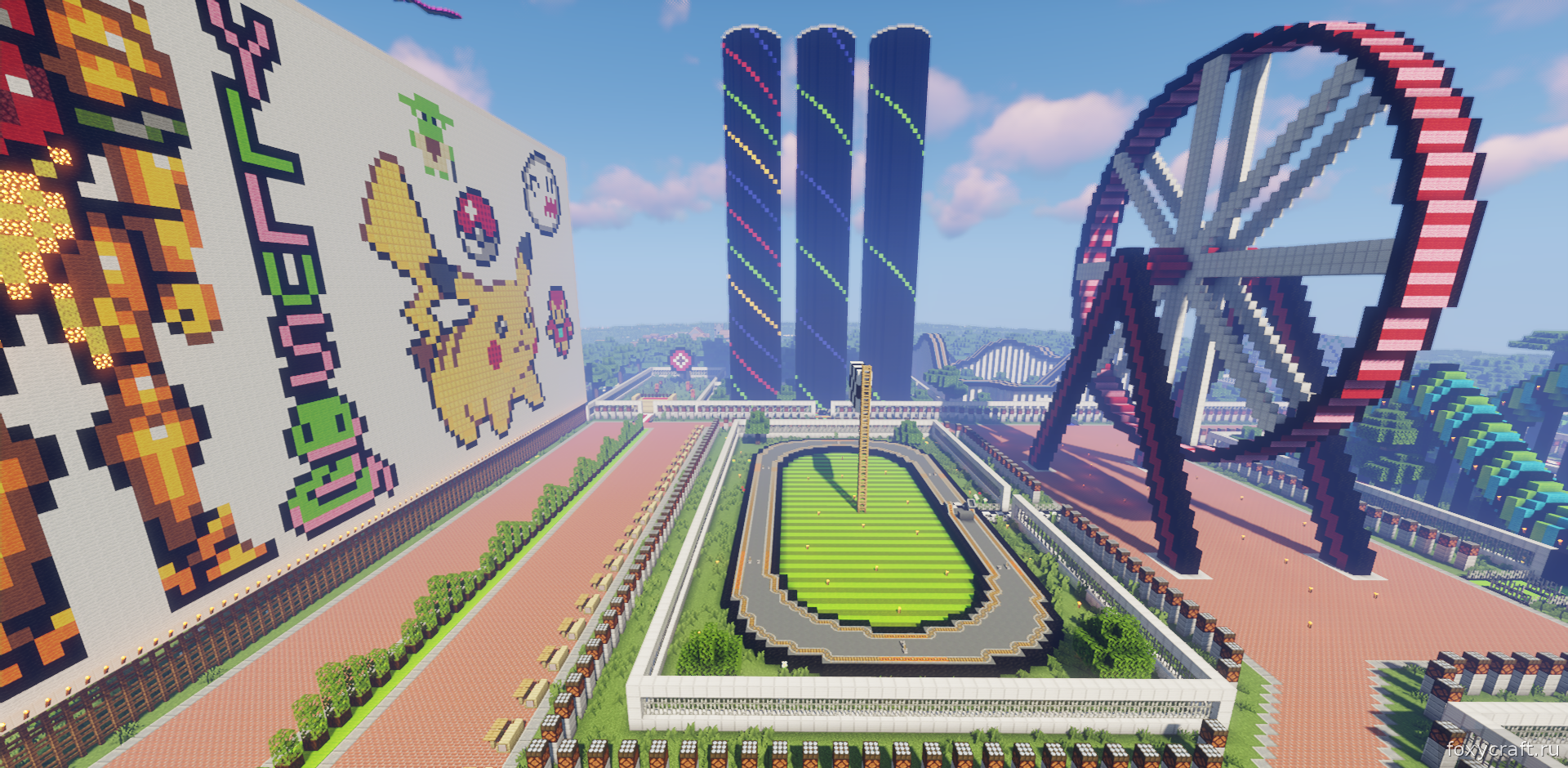 Игроки проходят испытания на паркур-площадке в MinePark