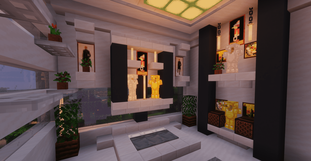 Вид на современную виллу в Minecraft с бассейном и ландшафтным дизайном