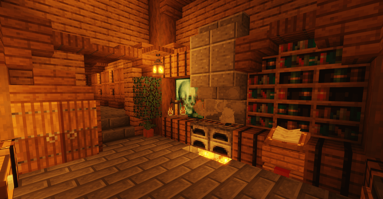Вид с балкона горного дома в Minecraft на заснеженные вершины и лес