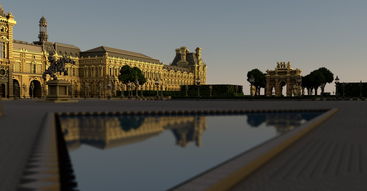 Вид сверху на Лувр в Minecraft с садами и фонтанами