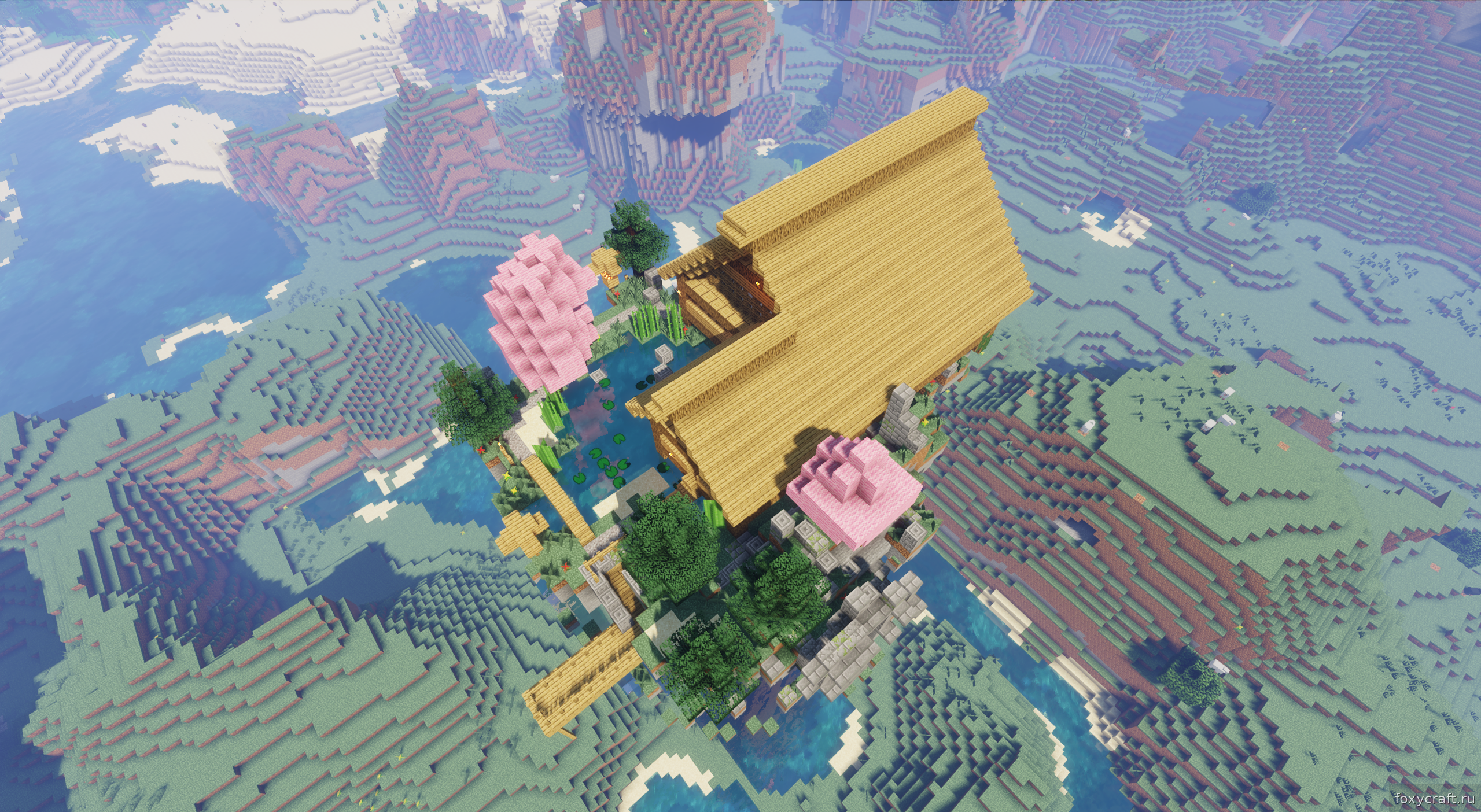 Вид на сад и внутренний двор японского дома в Minecraft