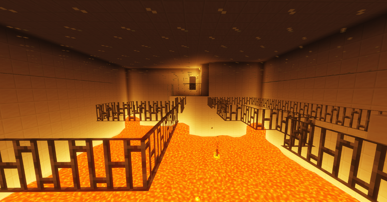 Завершающий этап паркур-испытания с видом на водопад в Minecraft