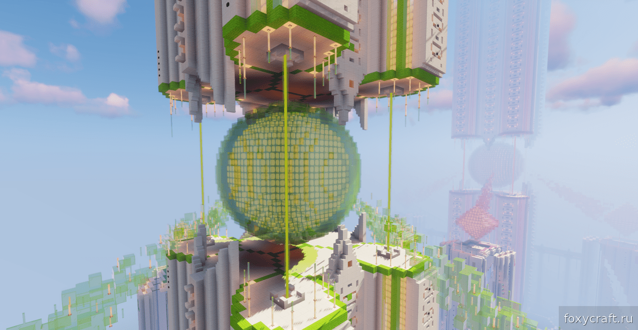 Панорамный вид на неоновый город в Minecraft с мостами и башнями