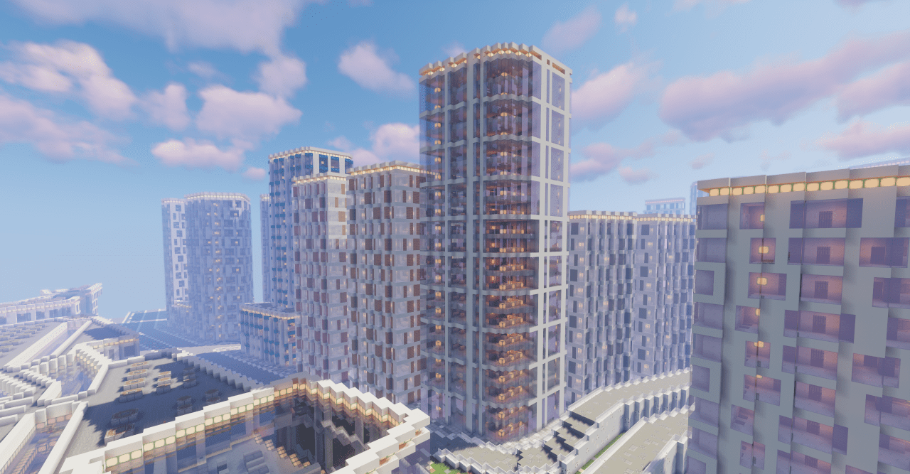 Ночной вид города в Minecraft с подсветкой зданий