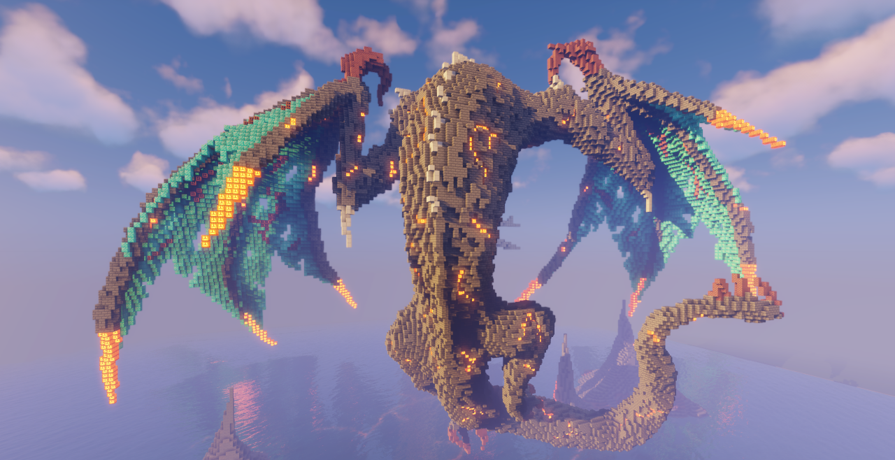 Крупный план головы Виверны в Minecraft с проработанной текстурой и эффектом парения