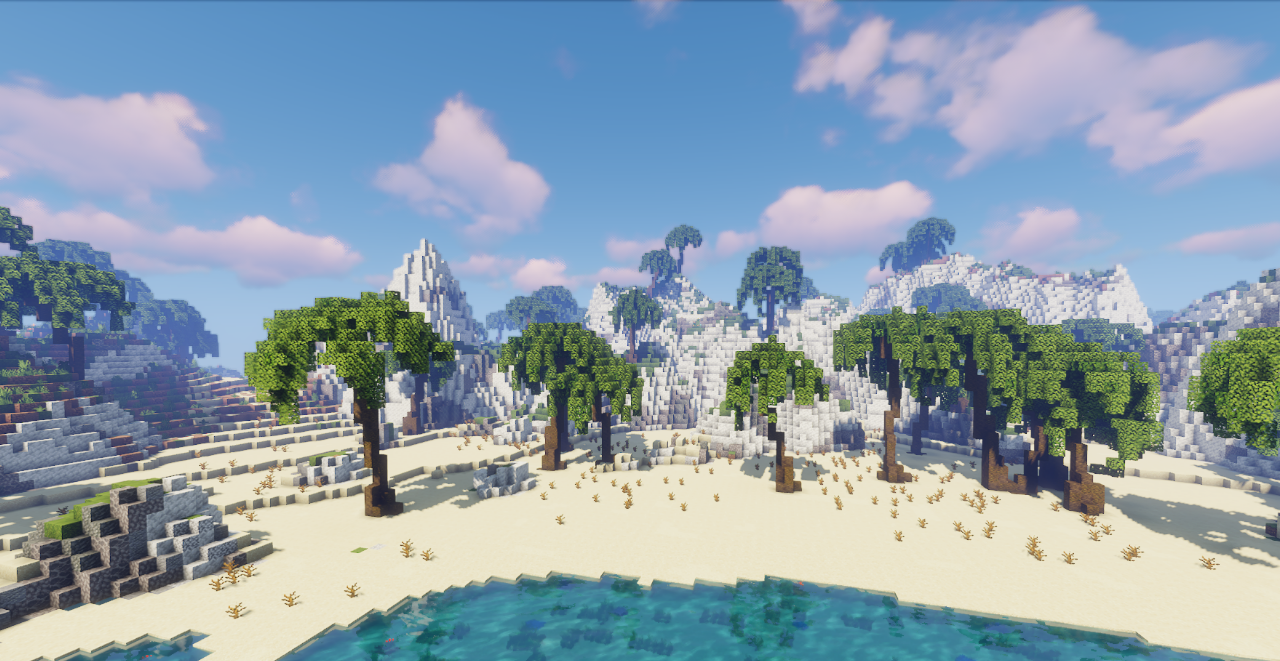 Красивый пейзаж карты Nohea Reterat с горным ландшафтом и водопадом в Minecraft