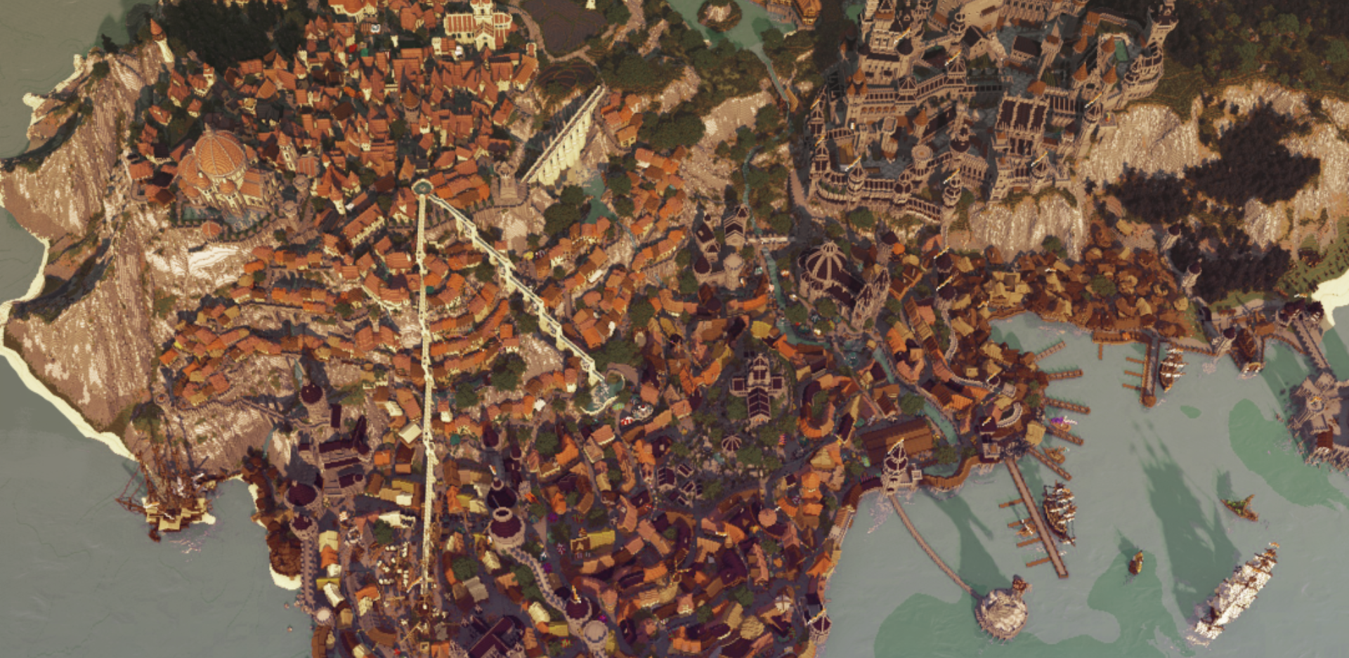 Скриншот Новиграда в Minecraft с видом на каменные мостовые и средневековые дома