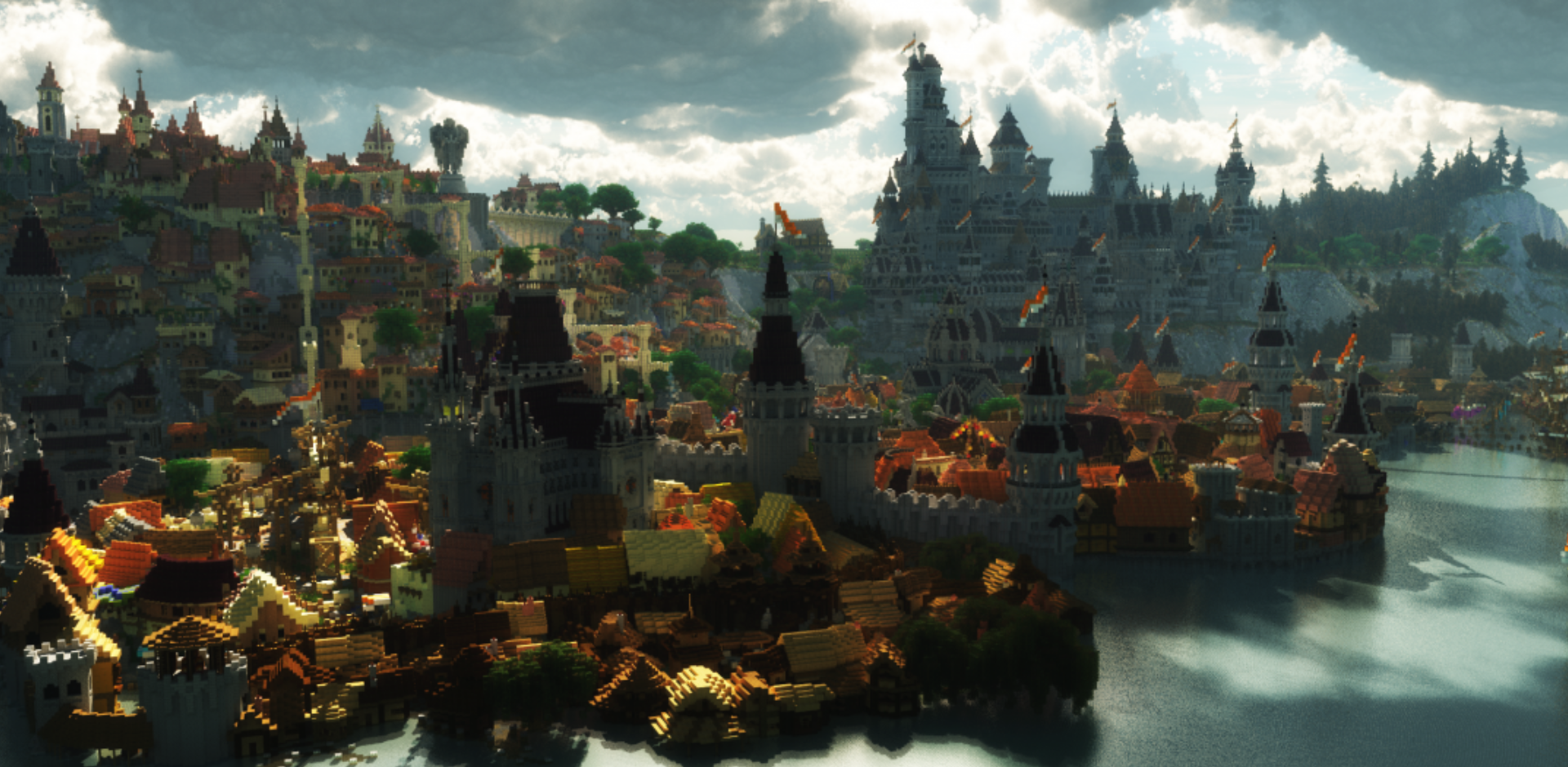 Вид на порт Новиграда в Minecraft с кораблями и причалами