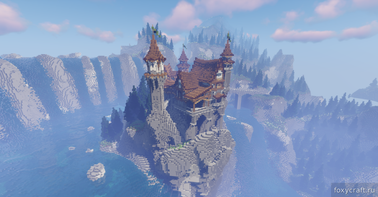 Закат над замком Old Fallen Castle в Minecraft с видом на горы