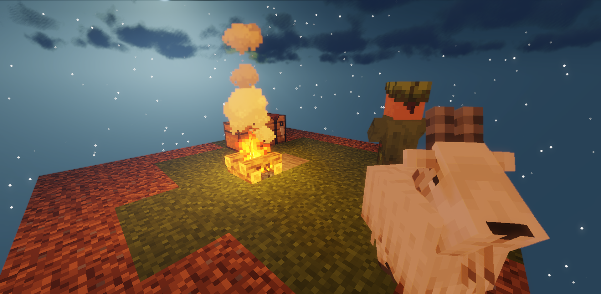 Игрок добывает ресурсы на острове OneBlock в Minecraft
