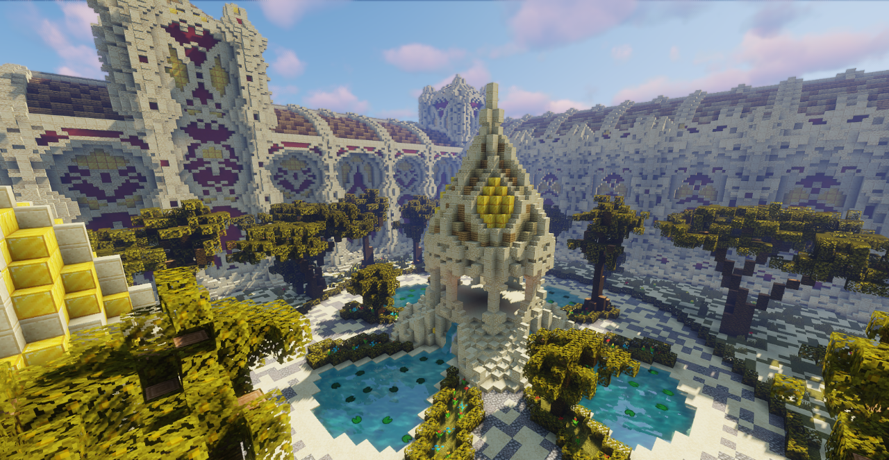 Боковой фасад дворца Aeriveth с башнями и мостами в Minecraft