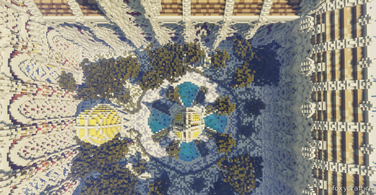 Вид с высоты на сады и фонтаны дворца Aeriveth в Minecraft