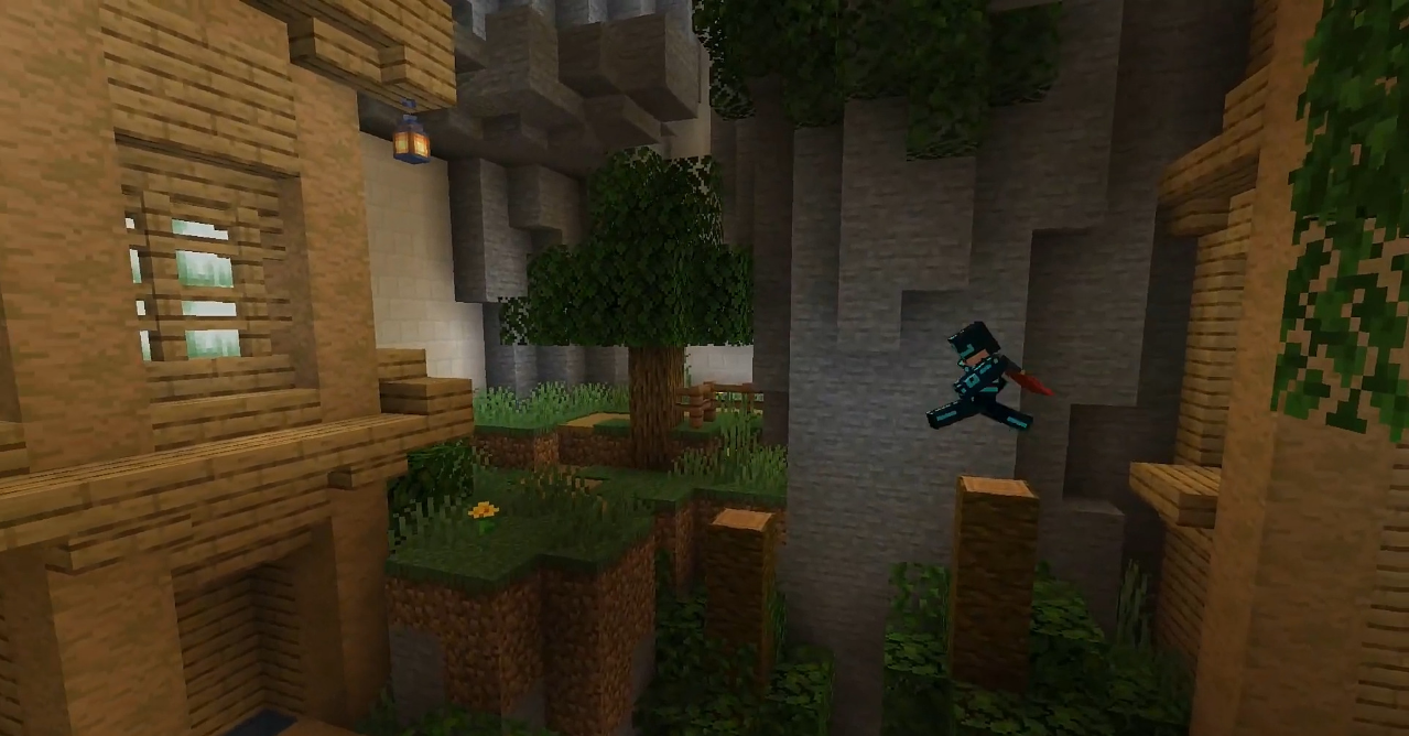 Группа игроков проходит паркур-испытание вместе на сервере Minecraft