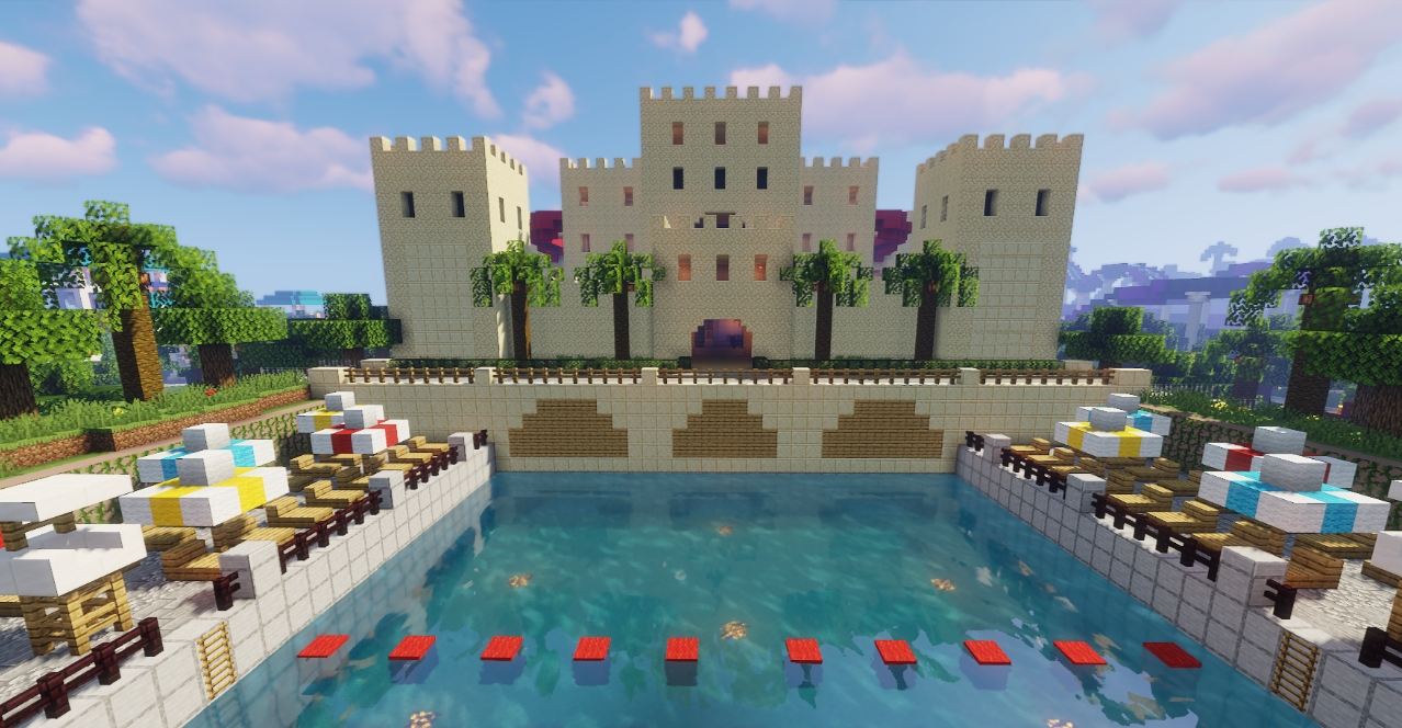 Красивая панорама заката в Minecraft с замком на горе