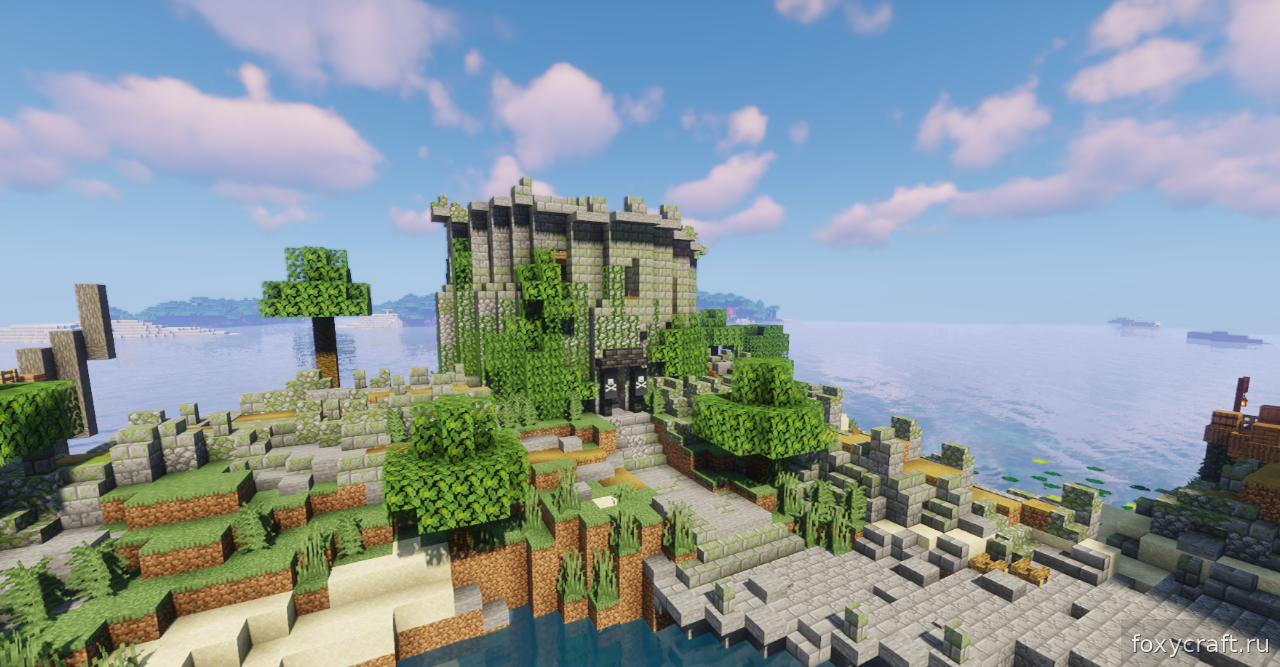 Пиратский корабль в Minecraft с парусами и пушками на фоне заката