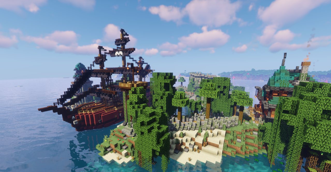 Внутренний интерьер пиратской таверны в Minecraft с бочками и сундуками