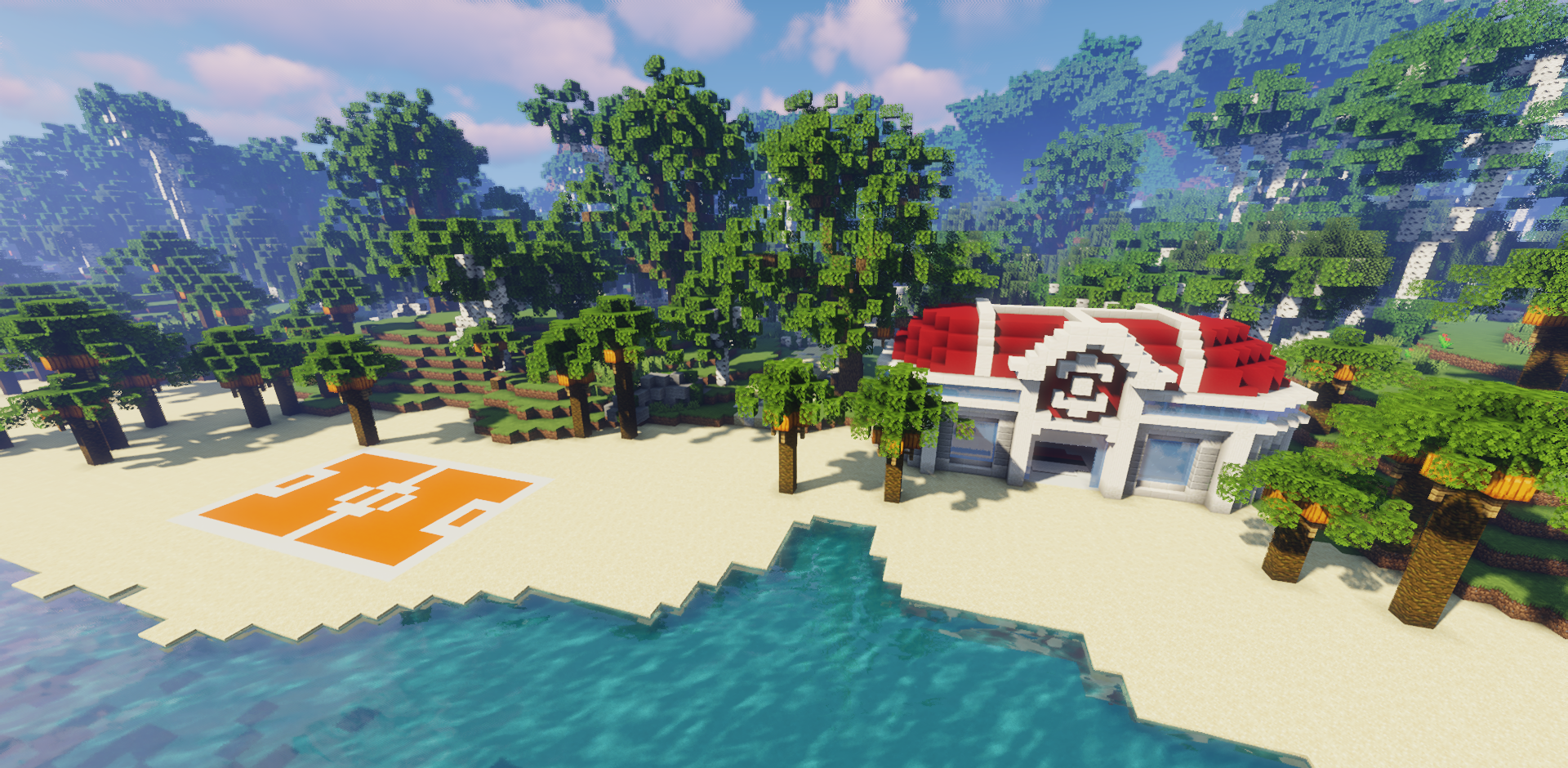Закат в Pixelmon Survival с покемонами на фоне тематических построек