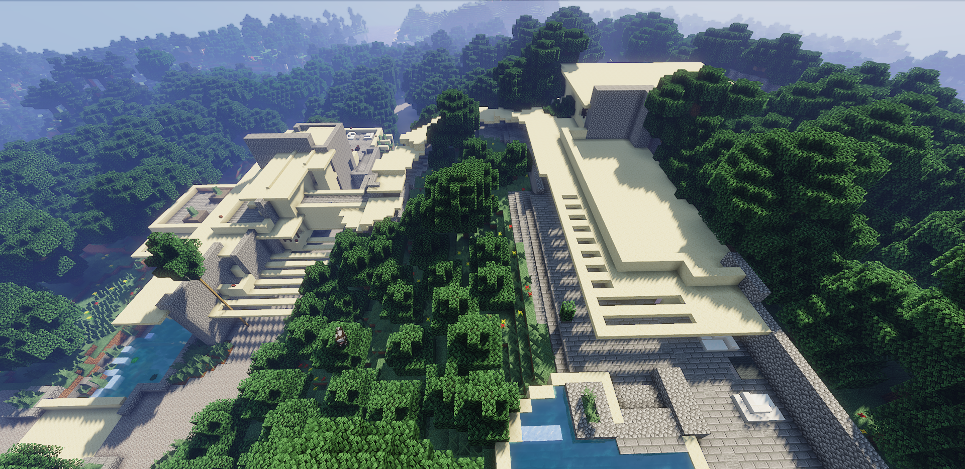 Вид на сад и террасу возле дома Project Fallingwater в Minecraft