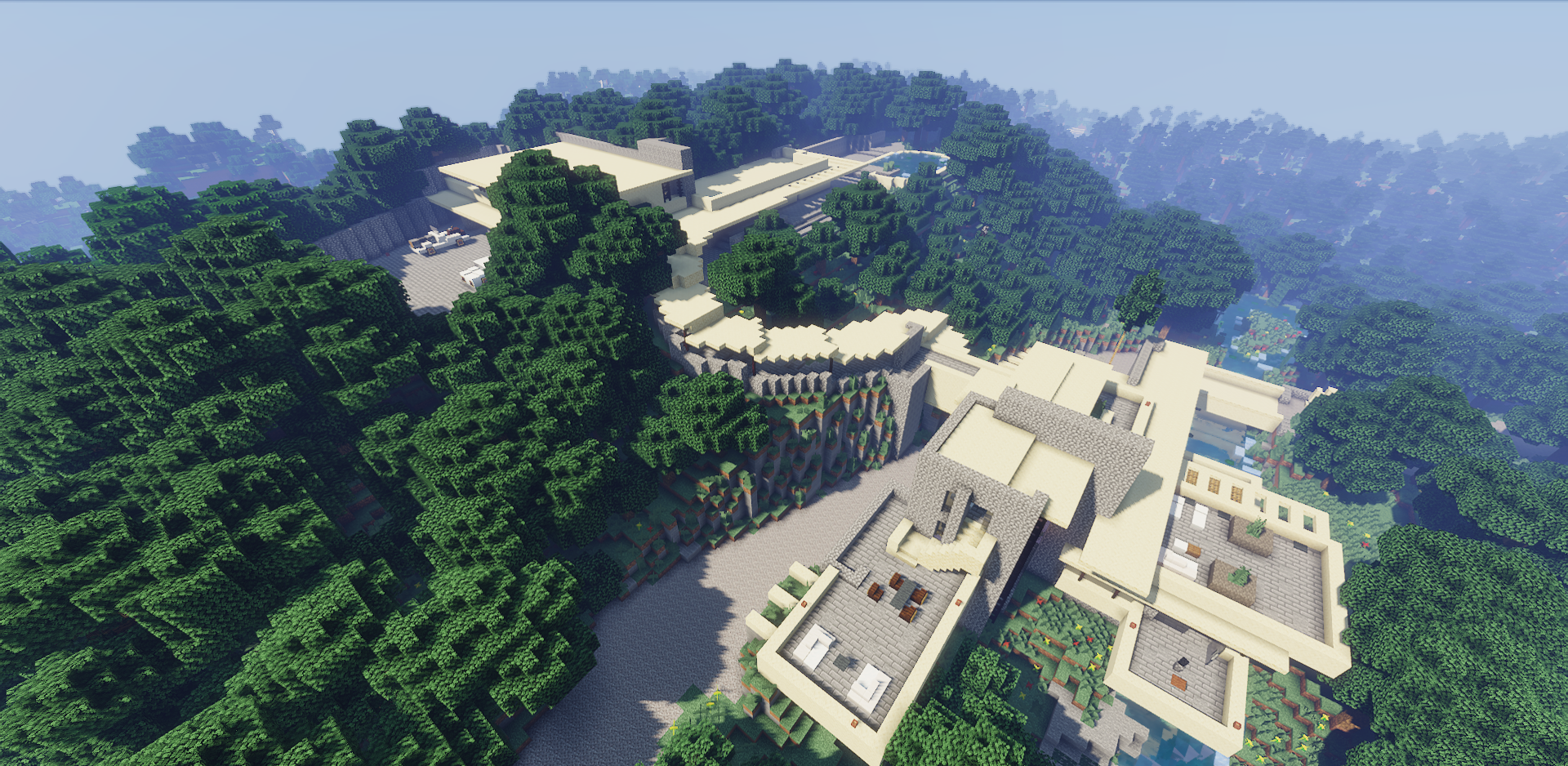 Детализированная гостиная в доме Project Fallingwater с камином и мебелью