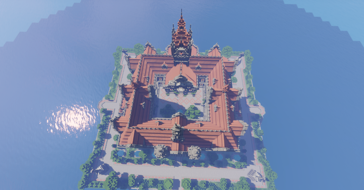 Вид на сад и фасад Renaissance Palace в Minecraft с фонтанами и зелеными насаждениями