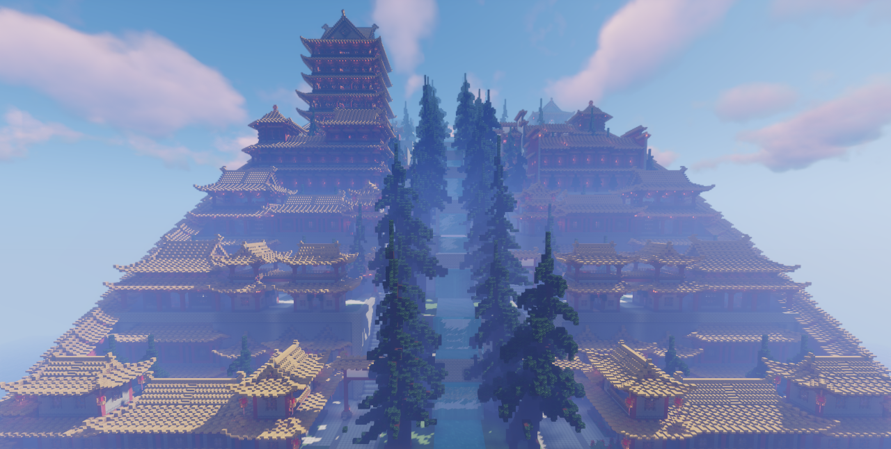 Ночной вид китайского замка в Minecraft с подсветкой фонарями