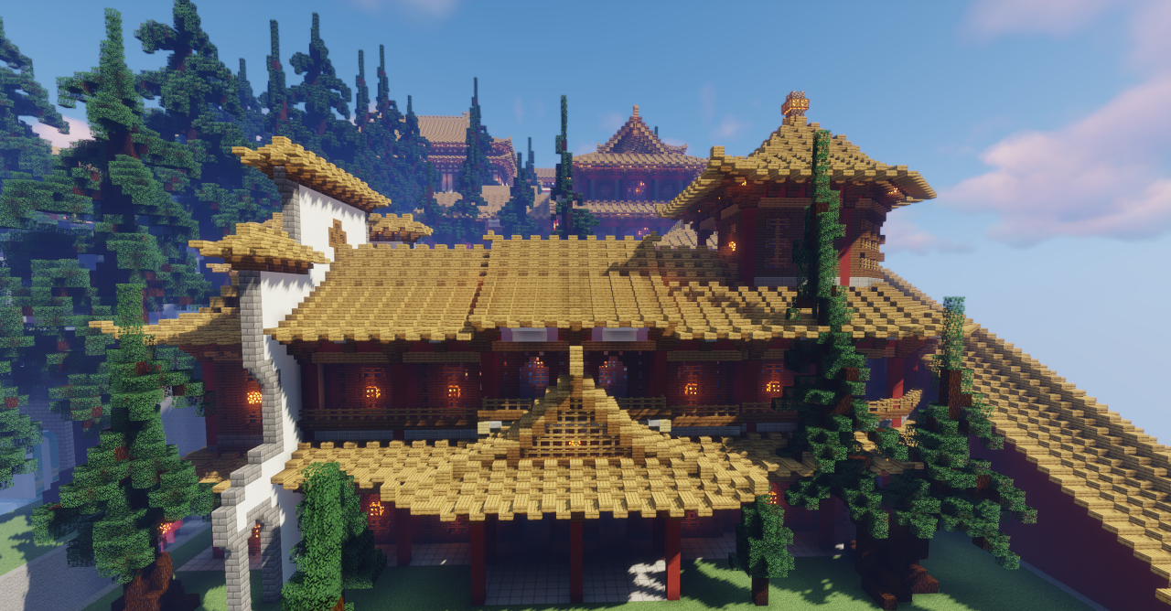 Китайский мост в Minecraft с фонарями и детализированными перилами