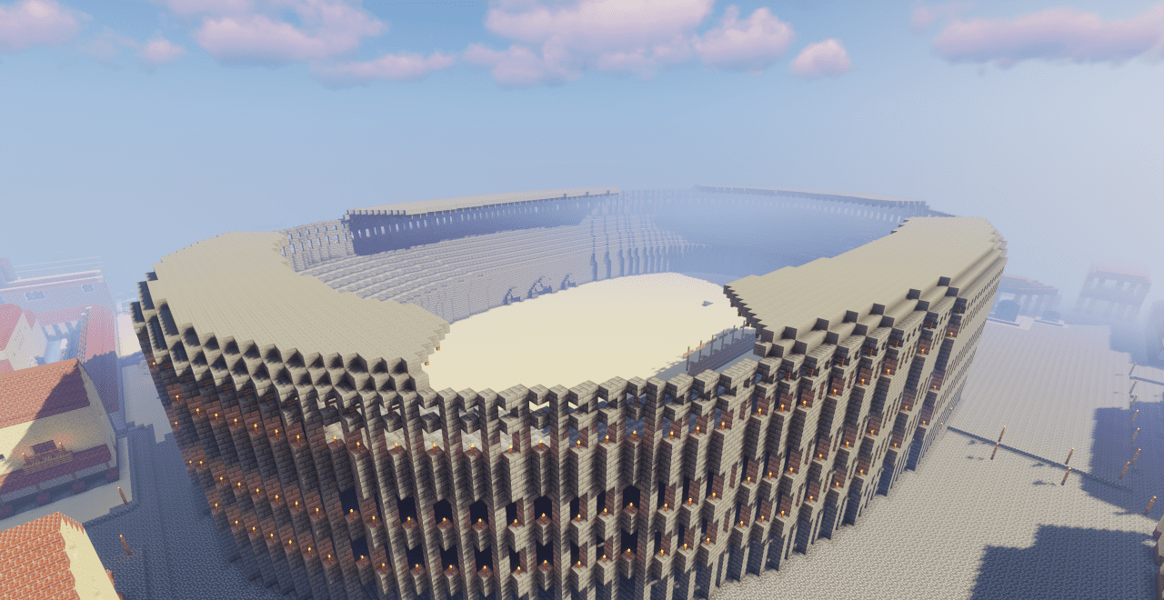 Интерьер римского храма в Minecraft с колоннами и статуями