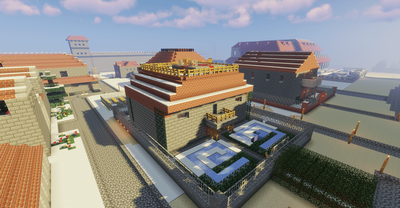 Ночной вид римского города в Minecraft с подсветкой факелов