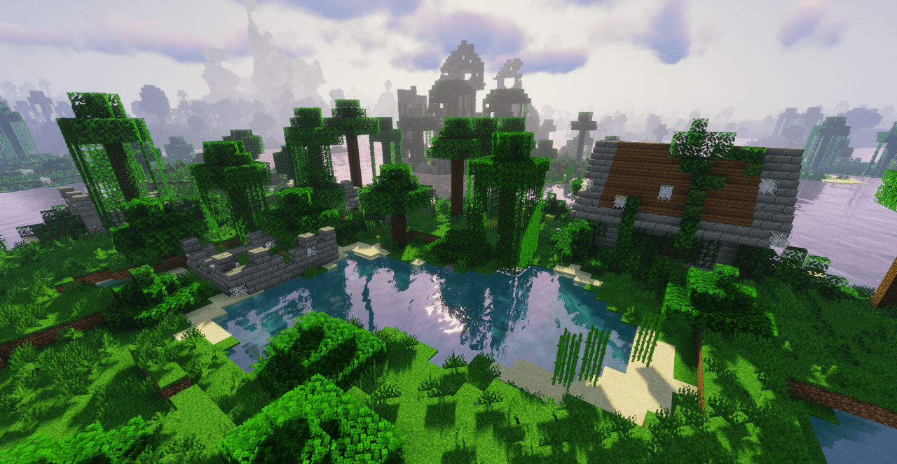 Игровой процесс на карте Ruin Toiwers в Minecraft с видом на закат и разрушенные сооружения