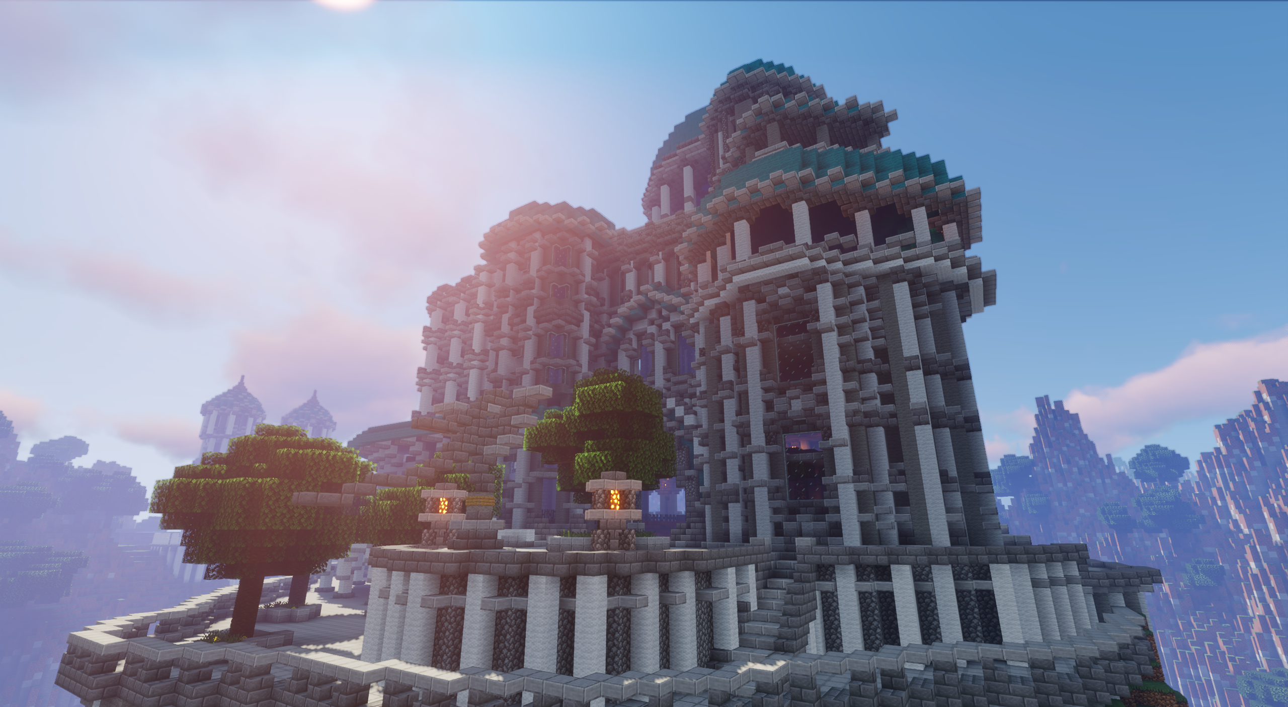 Захватывающий вид на горный хребет в Minecraft с водопадом и зелеными долинами