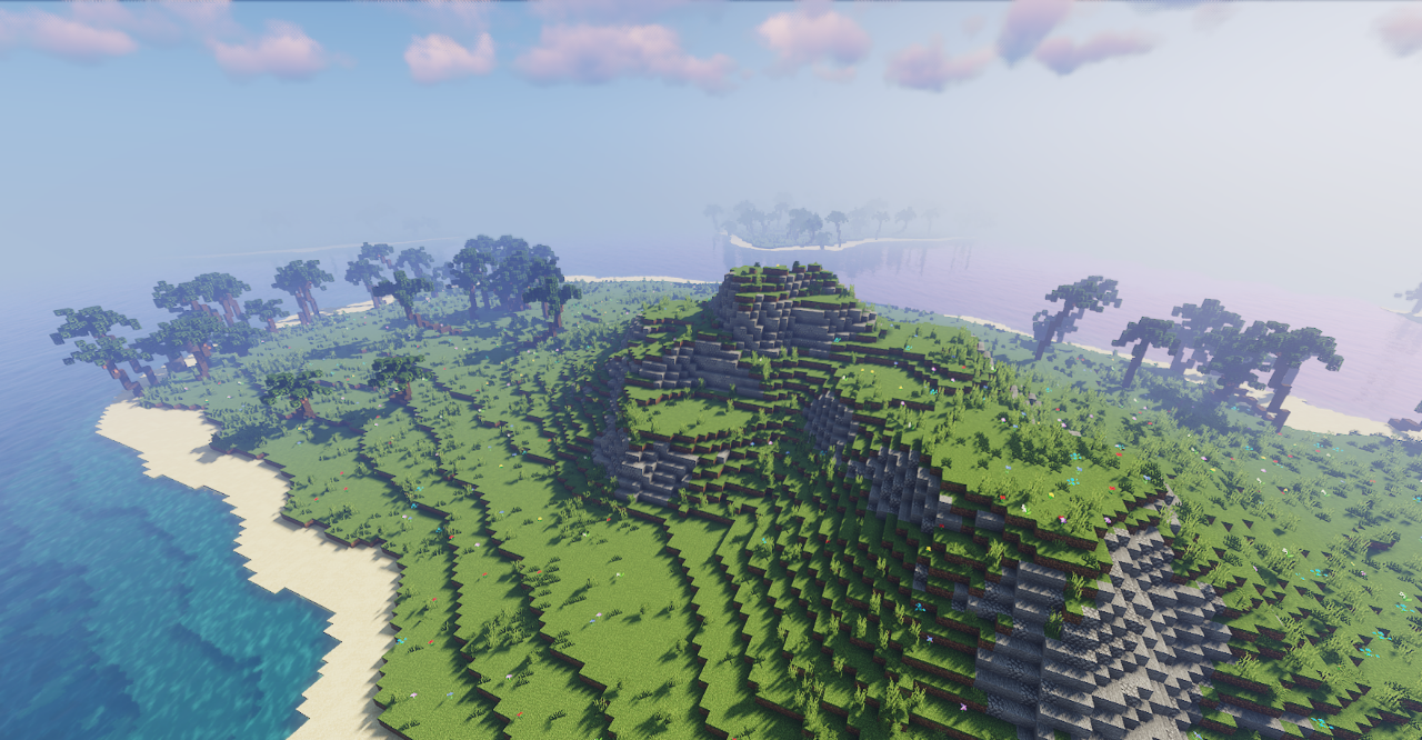 Закат на тропическом острове в Minecraft с красивым небом