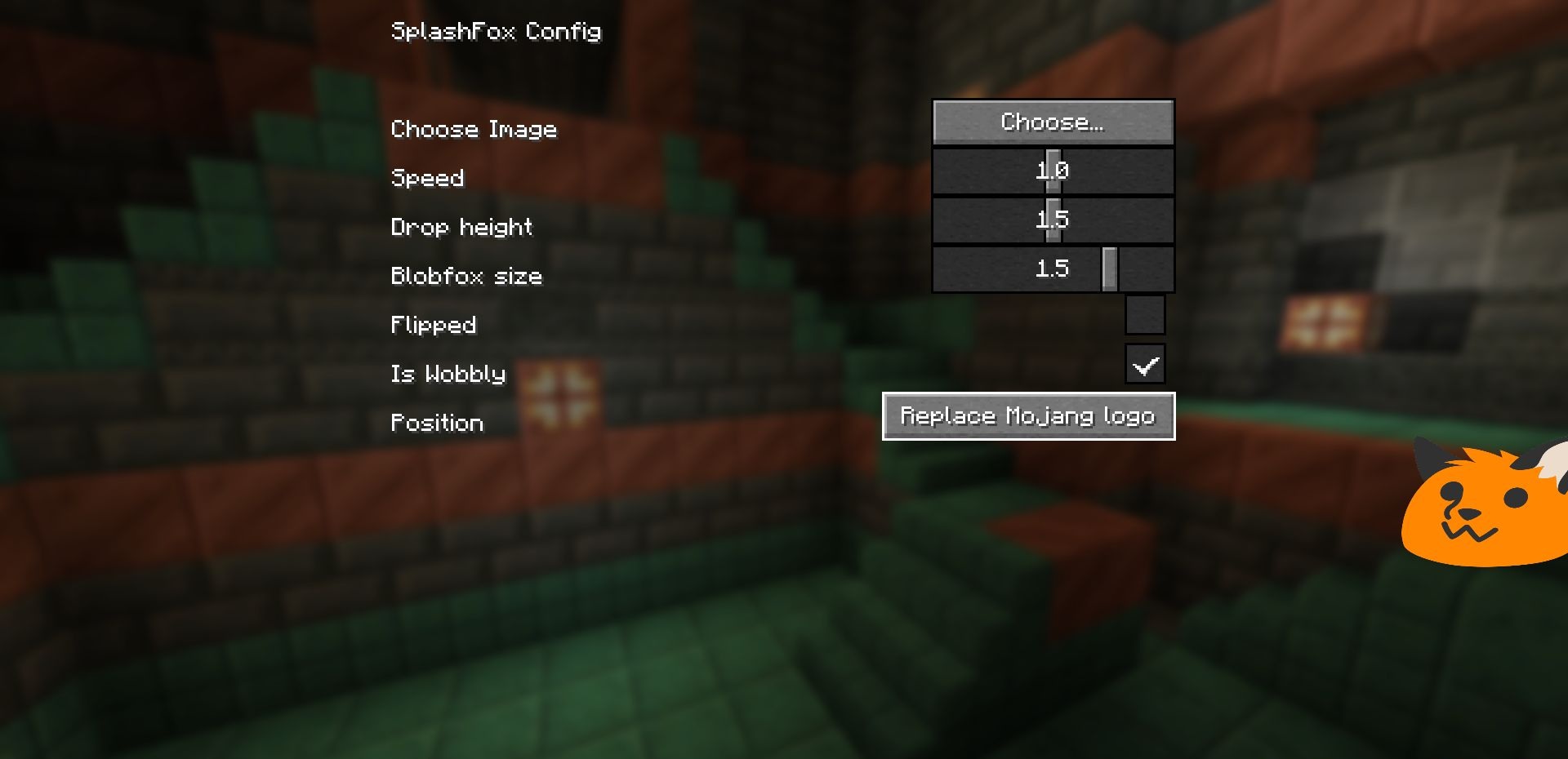 Лисёнок Splash Fox в действии на фоне стандартного экрана загрузки Minecraft
