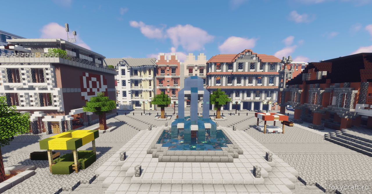 Скриншот Stadt City с видом на городские улицы и здания в Minecraft