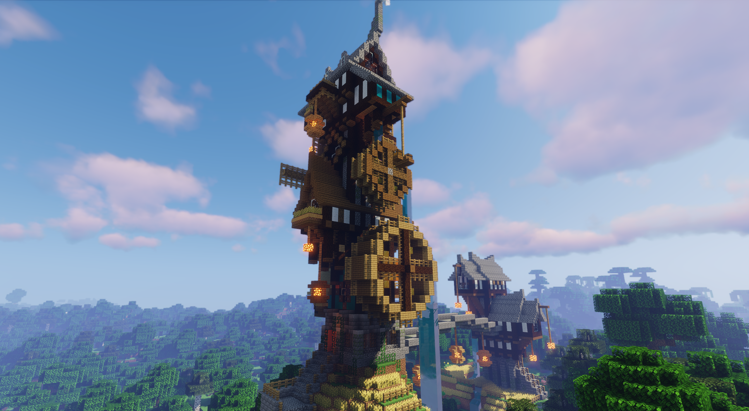 Вид на мост между домами на карте Steamshire Farm в Minecraft