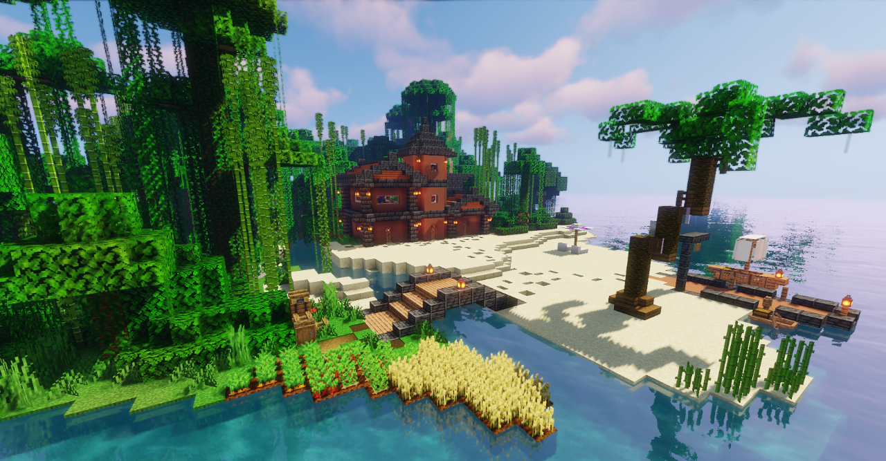 Внутренний вид хижины на Summer Paradise Island с сундуками и факелами