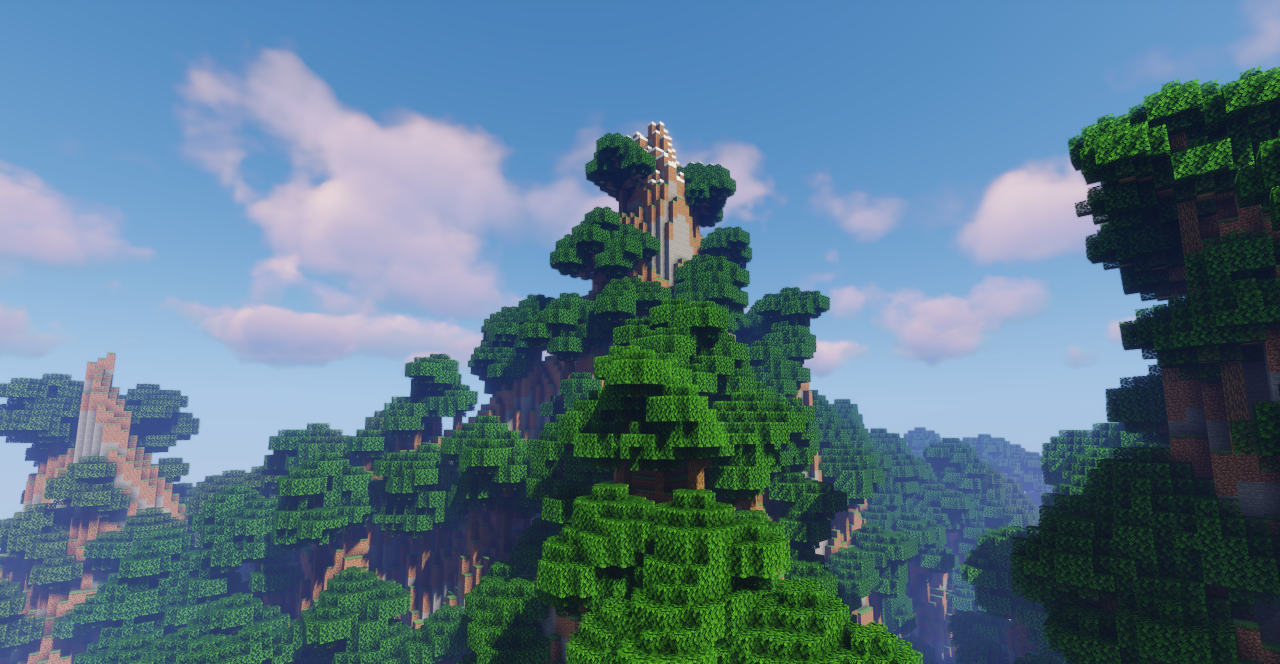 Вид с высоты на ландшафт Sunset Island в Minecraft с водопадами
