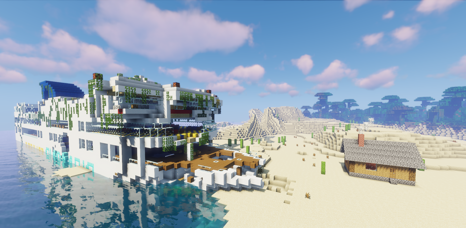 Геймплей Survival Shipwreck: игрок исследует обломки корабля в Minecraft