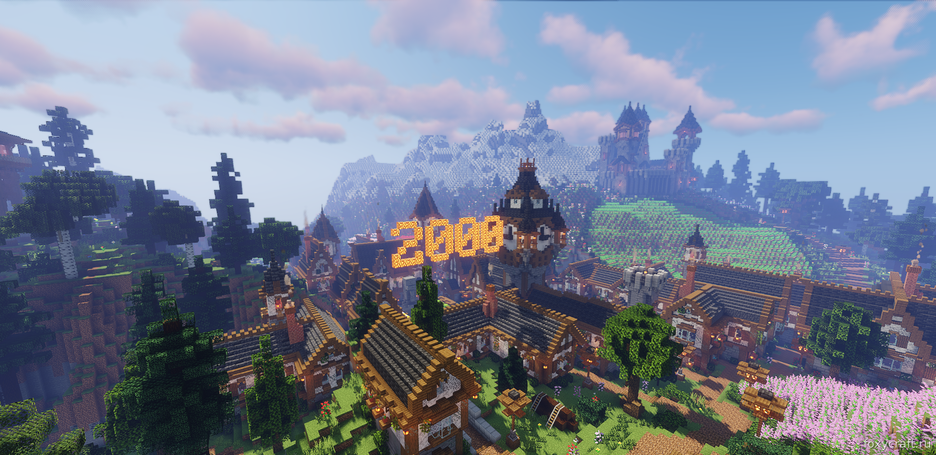 Деревенская площадь в Minecraft с фонарями, лавками и каменными домами