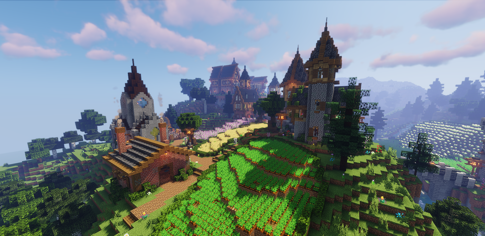 Внутренний двор деревни в Minecraft с колодцем, дорожками и садом